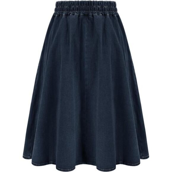 Women Denim Skirts Frill Tie Waist A-Line Dark Blue - Picture 2 of 5